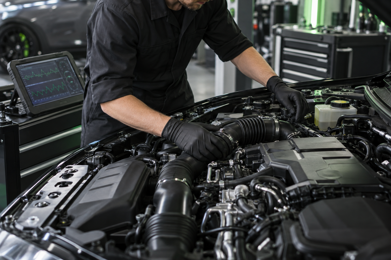 Technician checking vehicle performance with diagnostic equipment