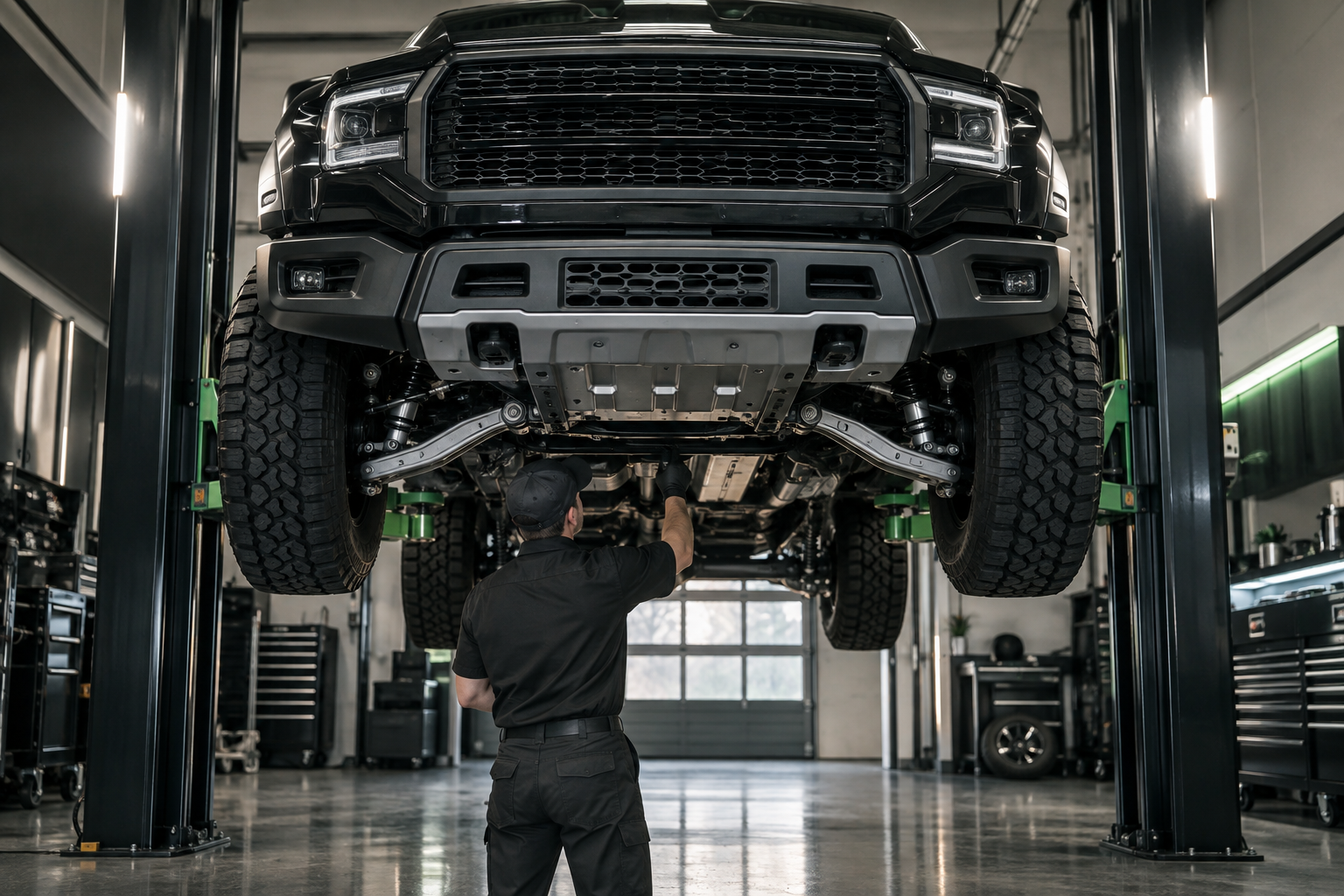 Pickup truck receiving service on a professional vehicle lift