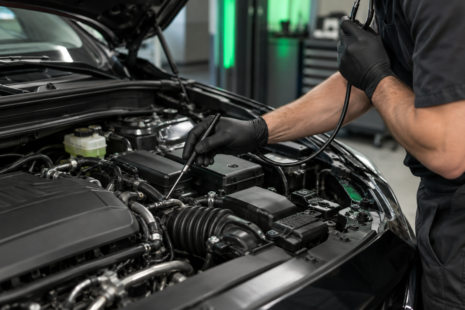 Technician tracing an unusual engine sound with diagnostic equipment