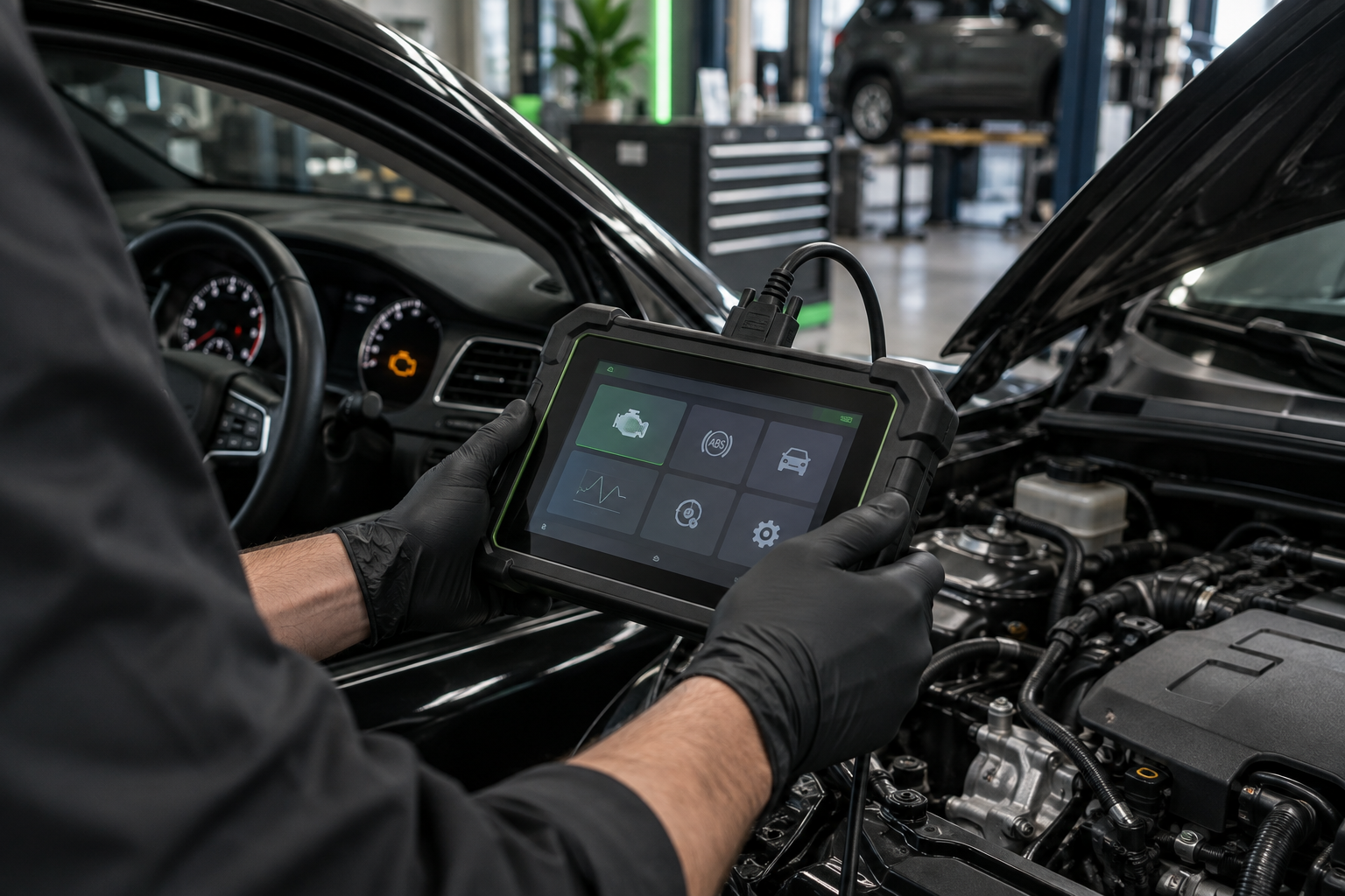 Technician diagnosing a vehicle warning light with a scan tool